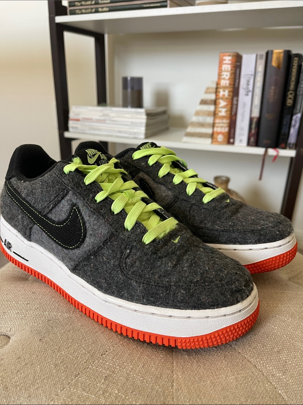 Nike Air Force 1 Sneakers in Charcoal Felt with Neon Green Laces and Orange Sole